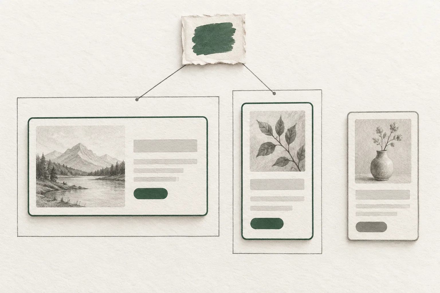 A green swatch connects to branded cards in wide and narrow containers; a separate neutral gray card has no connection.