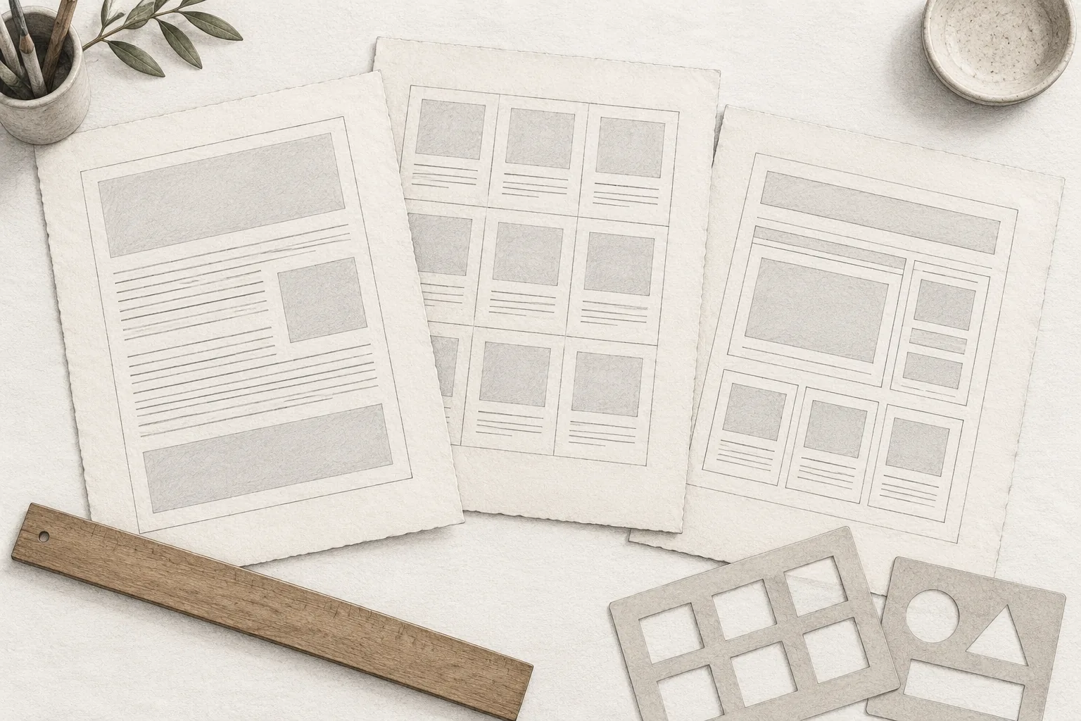 Three paper layouts—a single-column page, a card grid, and nested frames—sit together beside a ruler and reusable stencils.