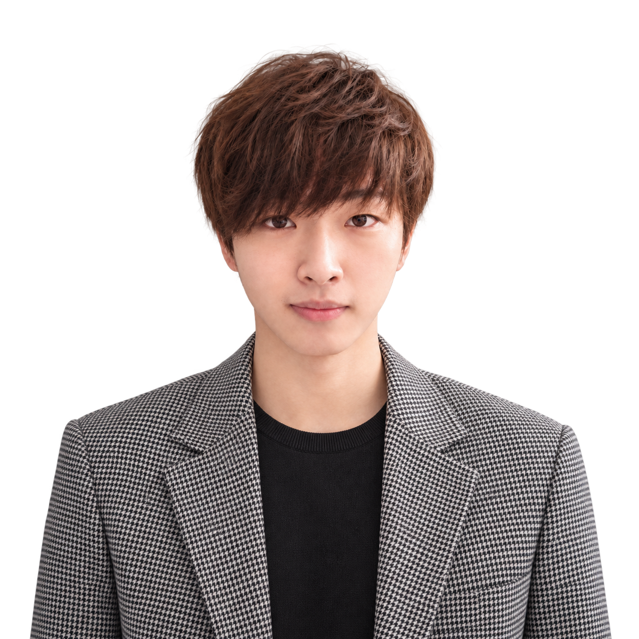 Aron（刘明鑫）身穿灰色千鸟格西装，白色与黑色圆领针织内搭呈现设计师及开发者的双重身份