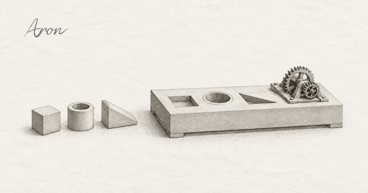 A pencil illustration on paper shows three separate parts beside a platform with matching built-in shapes; a precision gear assembly remains attached, with the Aron wordmark at upper left.